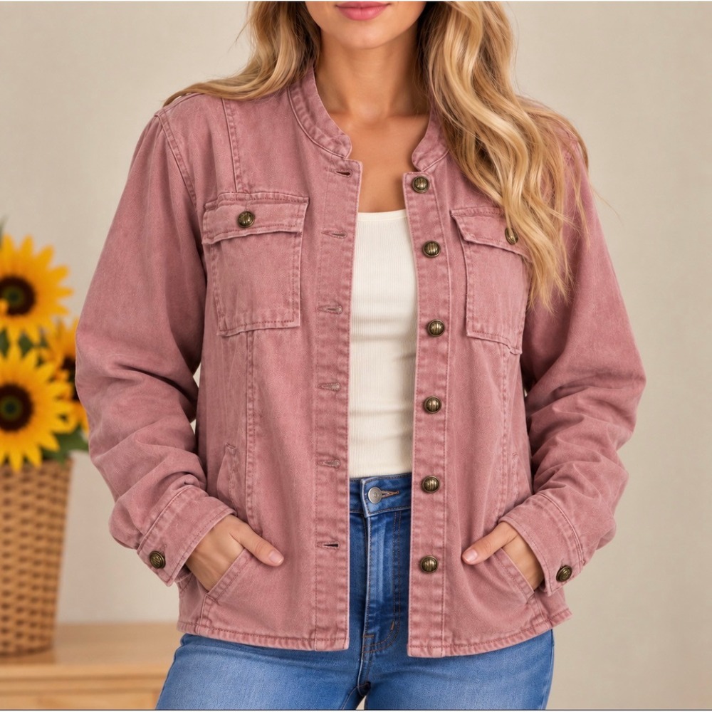 Allegra K Denim Utility Jacket L Pink Good Collarless Button Front Pocket Detail